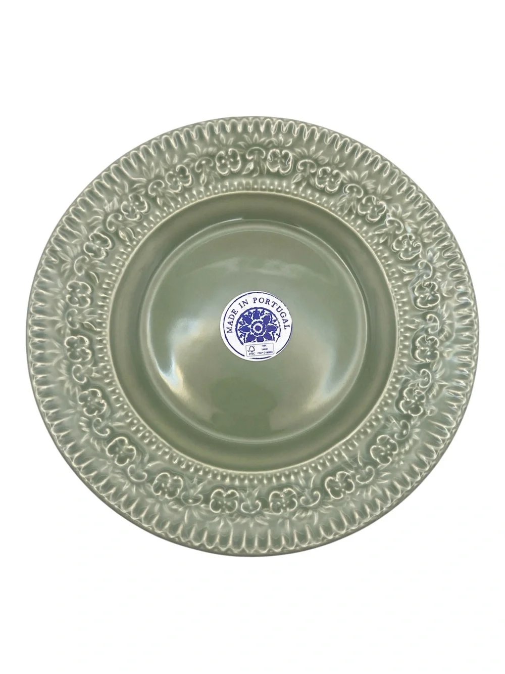 Set of Four Green Ceramic Plates Made in Portugal Boho Floral Leaf Border NWT